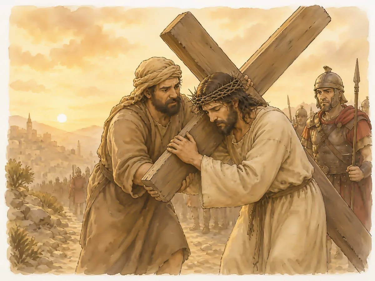Estación 5: Simón de Cirene ayuda a Jesús a llevar la cruz
