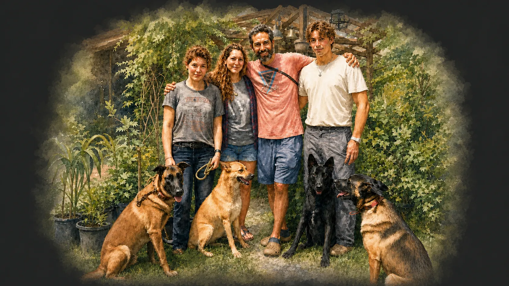 Laura, Emy, Luca y Mia, la familia que hace MiRezo, en el jardín de su casa con sus perros