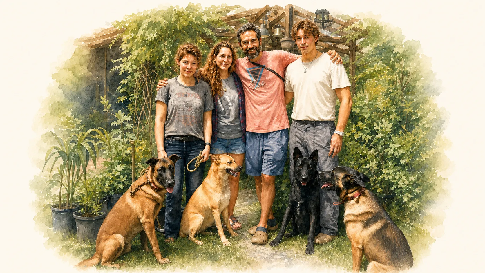 Laura, Emy, Luca y Mia, la familia que hace MiRezo, en el jardín de su casa con sus perros