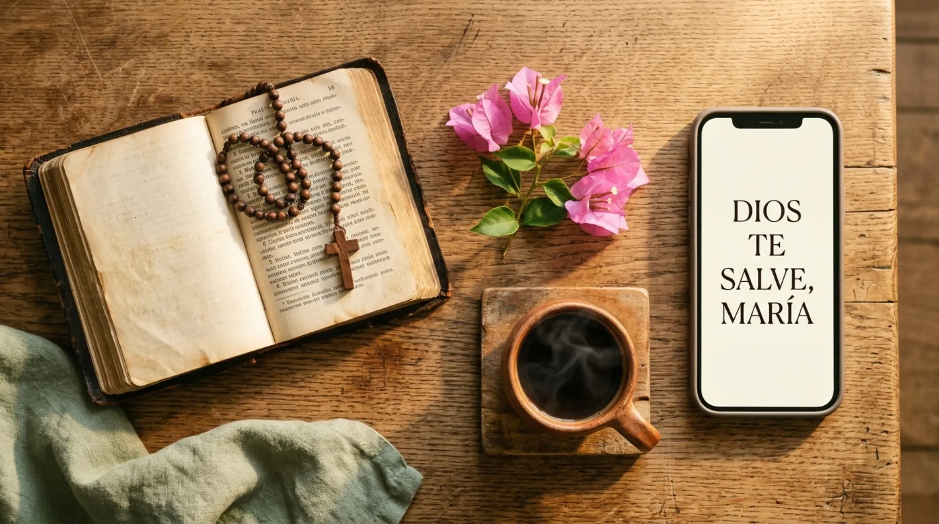 Sobre una mesa de madera, un libro de oraciones antiguo con un rosario, una rama de bugambilia, una taza de café y un celular que muestra en letra grande: Dios te salve, María (ilustración)
