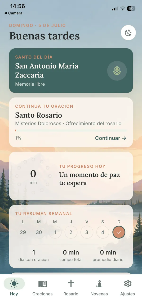 Pantalla de inicio de MiRezo con el santo del día y el rosario en curso