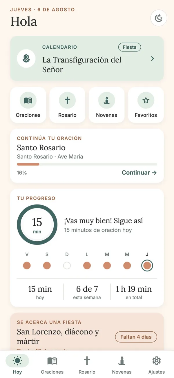 Pantalla de inicio de MiRezo con el santo del día y el rosario en curso