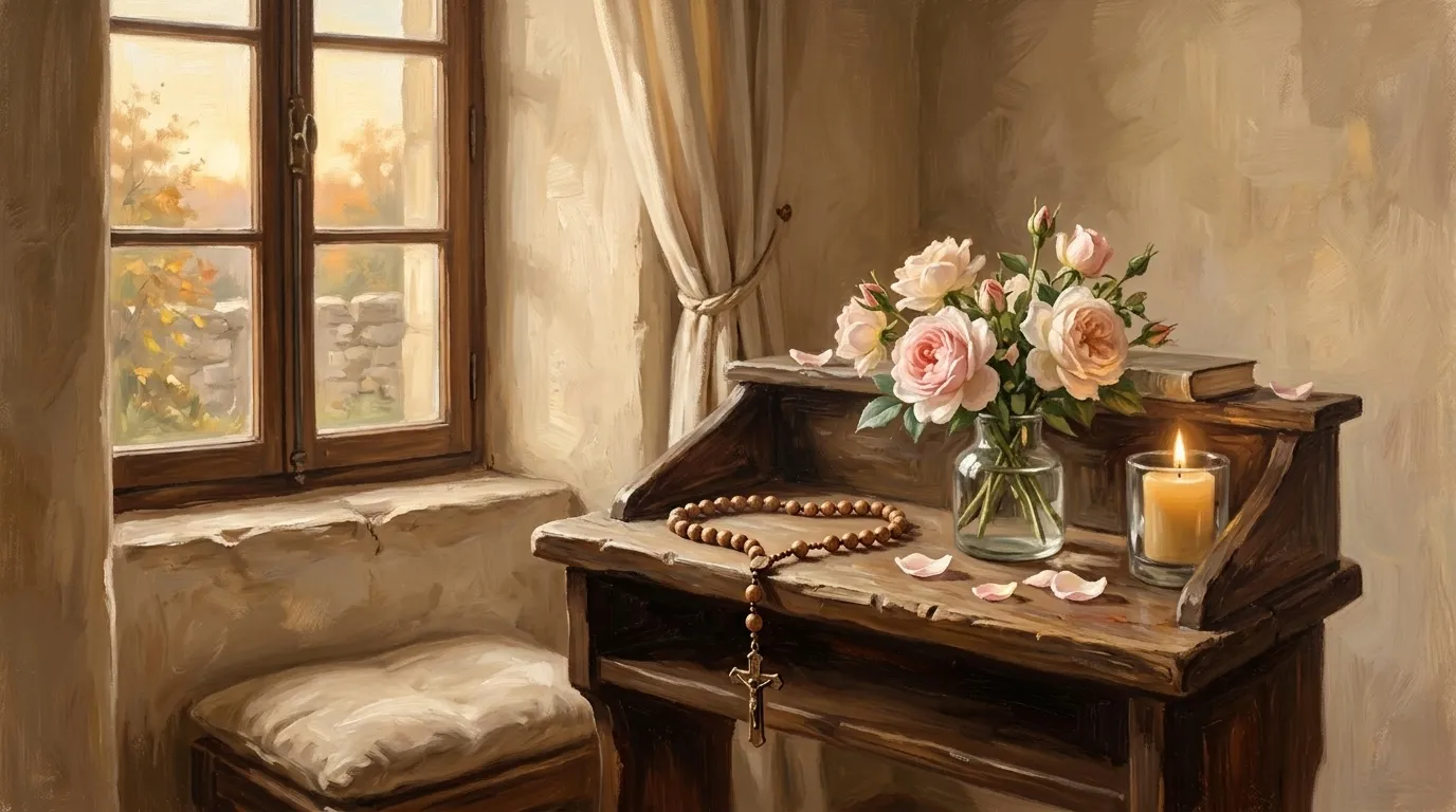 Rosario de madera sobre un reclinatorio junto a una ventana, con rosas y una vela encendida a la luz de la tarde (ilustración)