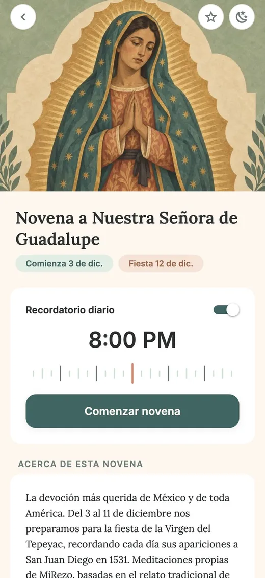 Novena a Nuestra Señora de Guadalupe, con recordatorio diario a las 8:00 PM