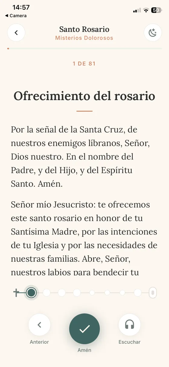 Rosario guiado en MiRezo: ofrecimiento del rosario con audio y cuentas en pantalla