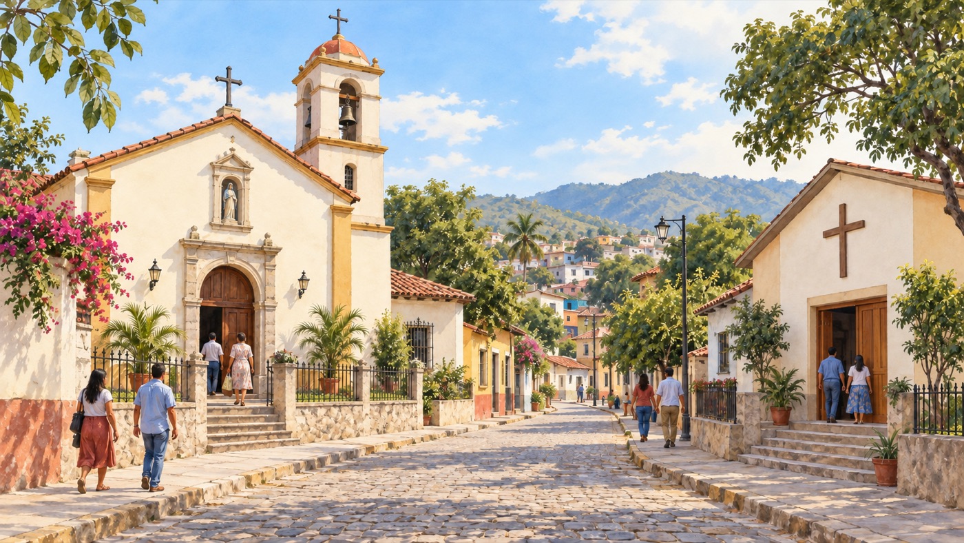 Una calle empedrada de un pueblo latinoamericano, con una parroquia católica de campanario a un lado y un templo evangélico con una cruz sencilla al otro; la gente camina y entra a los dos (ilustración)